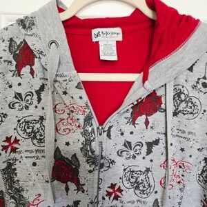 Self Esteem Grunge Punk Gothic Y2K Rose Bat Print Zip Up Hoodie Red L